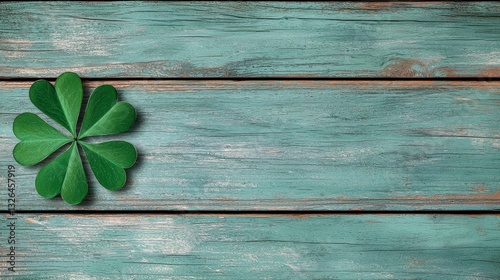 Serene Lucky Six Leaf Clover on Distressed Aqua Wood Planks Background Rustic Charm Backdrop