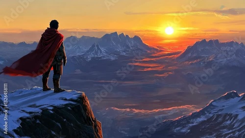 Warrior gazes at sunrise over majestic mountains and valleys in a breathtaking landscape