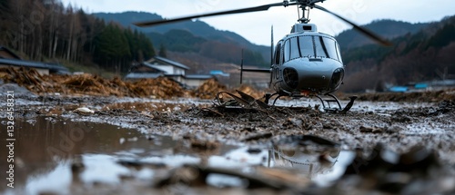Helicopter Landing Near Flood Damage in Rural Landscape Emergency Response Aircraft Support and Assistance Disaster