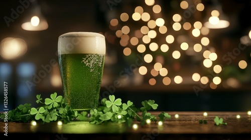 Celebratory Green Beer and Shamrocks for Saint Patricks Day Festivities on a Wooden Surface