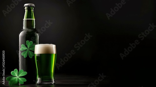 St Patricks Green Beer Bottle and Glass Festive Celebration on Dark Surface for Luck and Good Fortune
