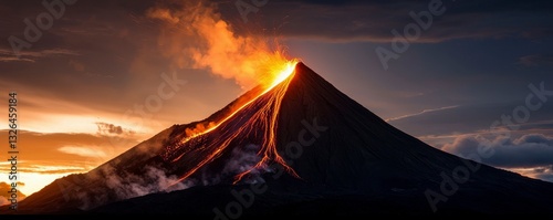 Fiery Volcanic Eruption Lava Flows Displaying Natures Raw Power Geological Spectacle Dramatic Sky