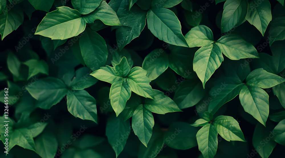 Dense green foliage fills the frame, showcasing various leaf shapes and textures under soft sunlight Dense green foliage fills the frame, showcasing various leaf shapes and textures under soft sunlight