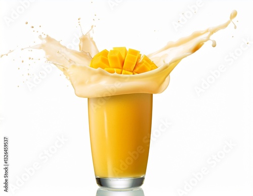 Dynamic Splash of Mango Milkshake Isolated on White Background