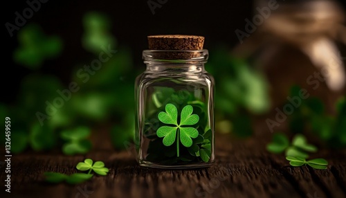 Four Leaf Clover Luck Charm in a Glass Jar of Hope and Dreams for a Bright Irish Future