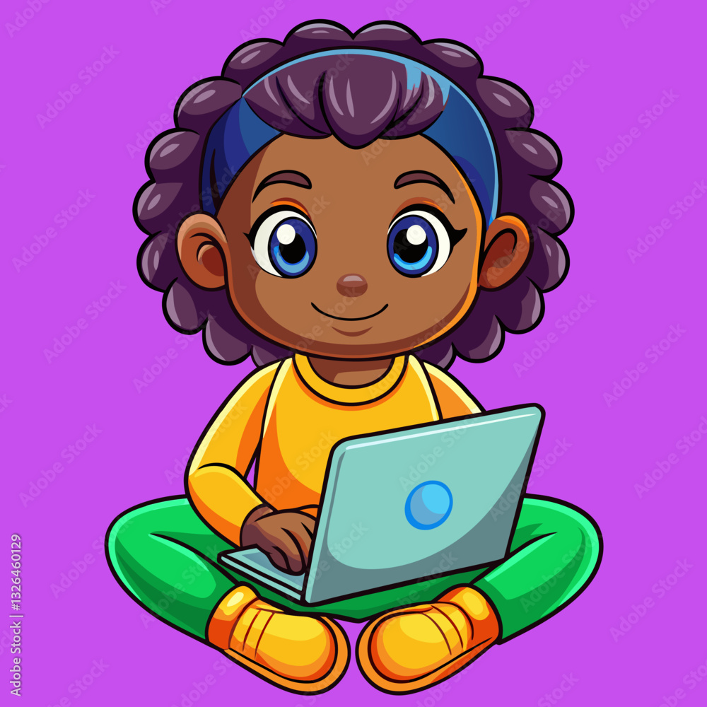 Black kid working on laptop Minimal Vector Icon Black kid working on laptop Minimal Vector Icon
