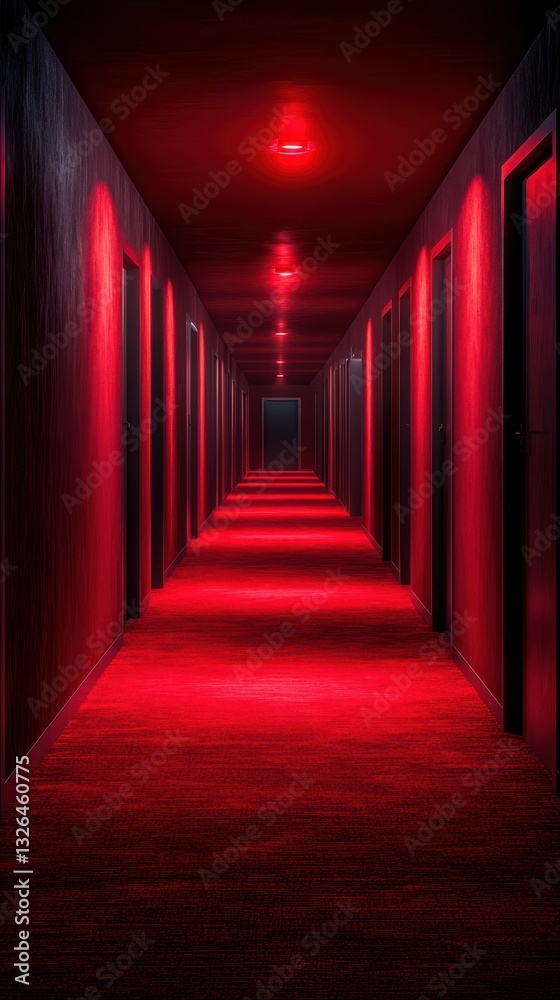 Dimly lit hallway with red lights creating an eerie atmosphere in a modern building Dimly lit hallway with red lights creating an eerie atmosphere in a modern building