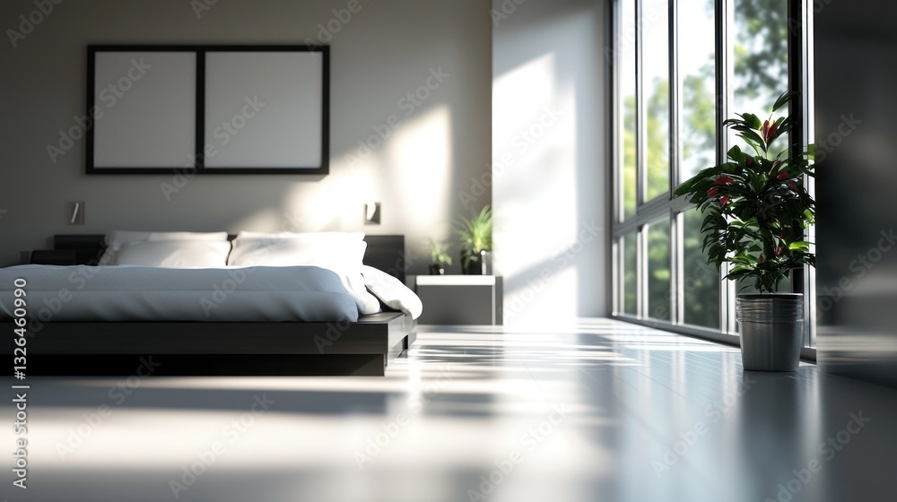 Fototapeta premium Modern Minimalist Bedroom with Sunlight Streaming Through Large Windows