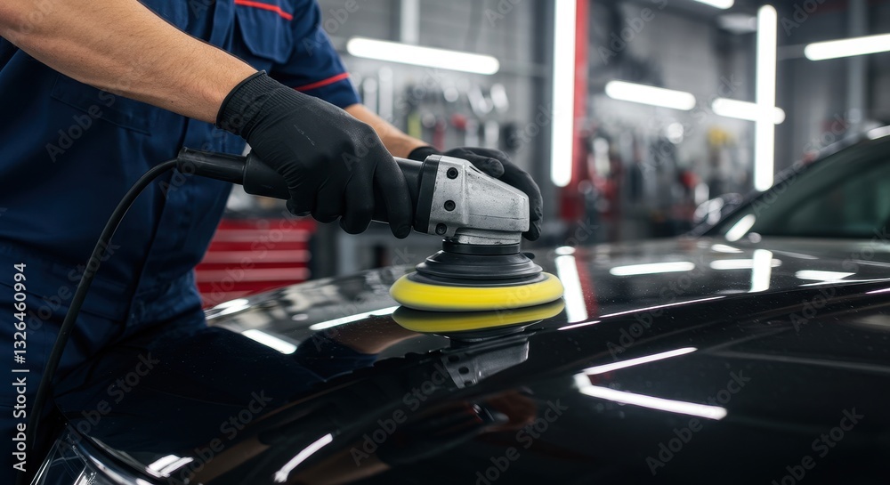 Auto mechanic polishing a black car with a rotary buffer in a workshop, focusing on vehicle detailing and maintenance, professional car care service. Auto mechanic polishing a black car with a rotary buffer in a workshop, focusing on vehicle detailing and maintenance, professional car care service.