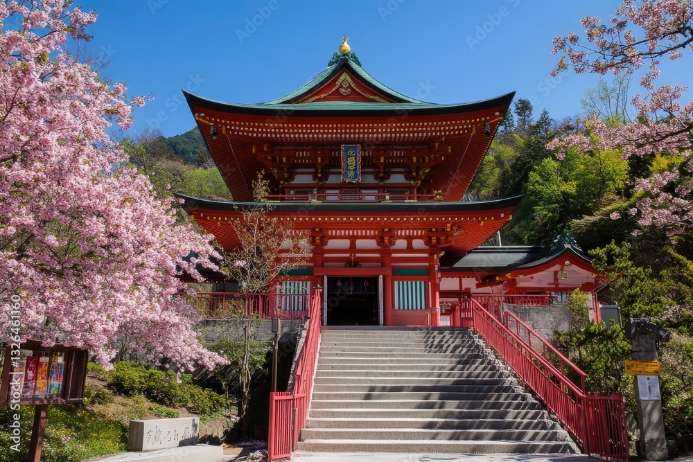 Fototapeta premium A beautiful traditional building featuring vibrant red architecture, surrounded by blooming cherry blossom trees under a clear blue sky.