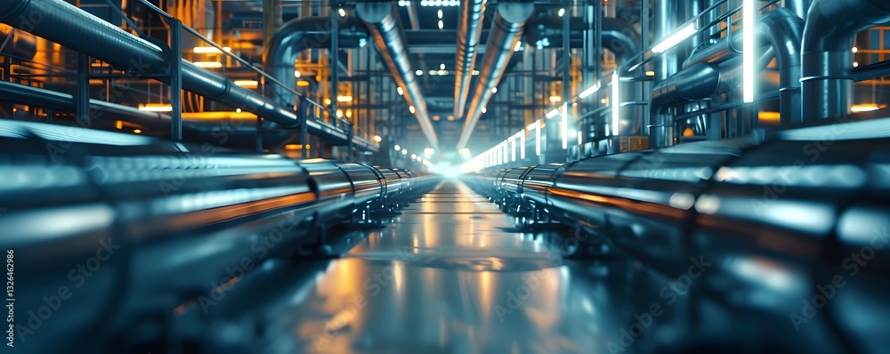 A long pipe with a yellow light on it