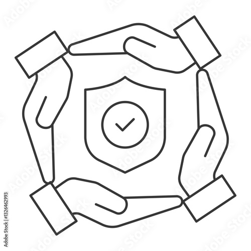 Four hands surrounding a shield with a checkmark representing data security, compliance, trust, and protected business partnerships