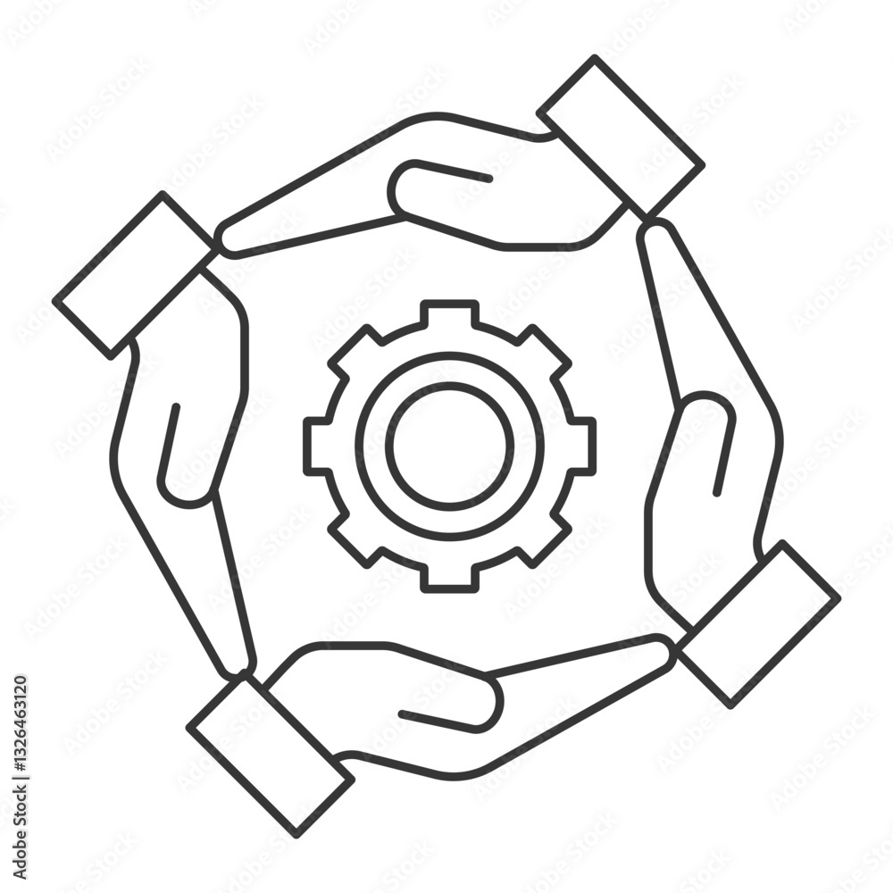 Four hands surrounding a gear representing teamwork, process optimization, workflow automation, and business efficiency Four hands surrounding a gear representing teamwork, process optimization, workflow automation, and business efficiency