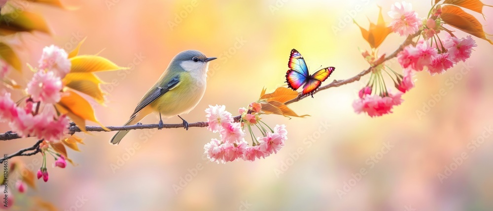 Fototapeta premium Bird and Butterfly on Cherry Blossom Branch 
