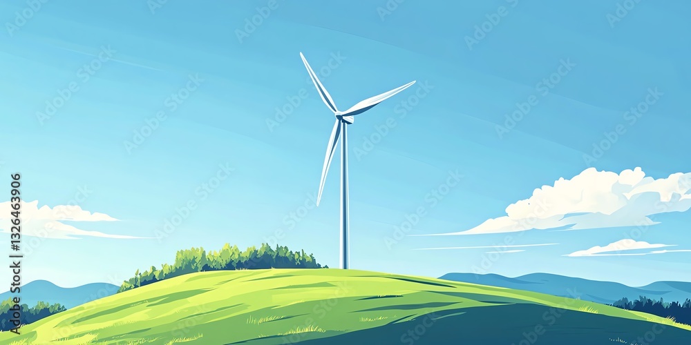 Obraz premium Wind Turbine Stands Tall on a Vibrant Green Hill Under a Clear Blue Sky With Distant Mountains in the Background