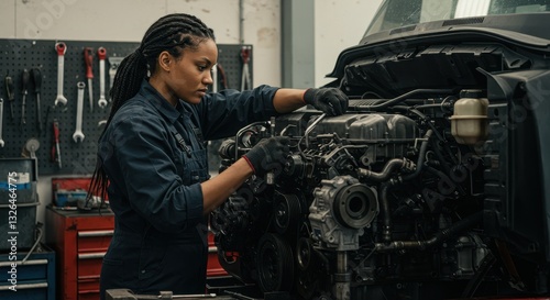 A skilled female mechanic diligently works on a truck engine in a professional garage, showcasing expertise and empowerment in a traditionally male dominated field.