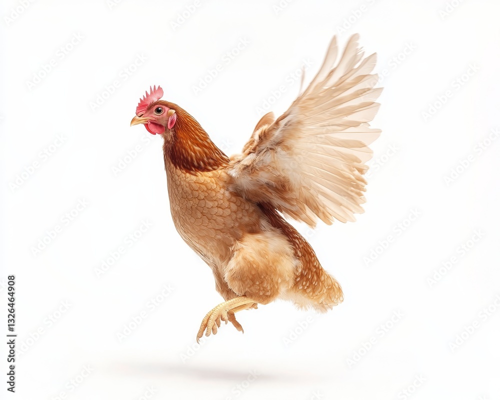 Fototapeta premium A Brown Chicken with a Red Comb and Beak in Flight