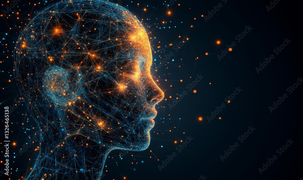 an artistic representation of a digital human head, illustrating interconnected networks and a display of intelligence. It conveys the concept of technology, futuristic, and artificial intelligence. an artistic representation of a digital human head, illustrating interconnected networks and a display of intelligence. It conveys the concept of technology, futuristic, and artificial intelligence.