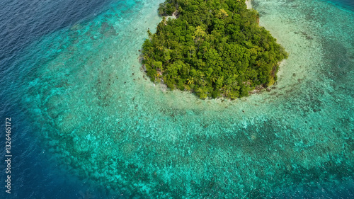 Aerial view of a tropical island with turquoise waters and vibrant coral reefs, Western Province, Solomon Islands.