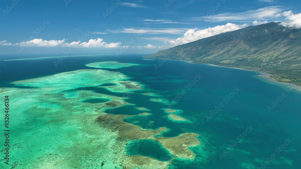 Aerial view of beautiful tropical reef and coastline with clear blue waters, North Province, New Caledonia.