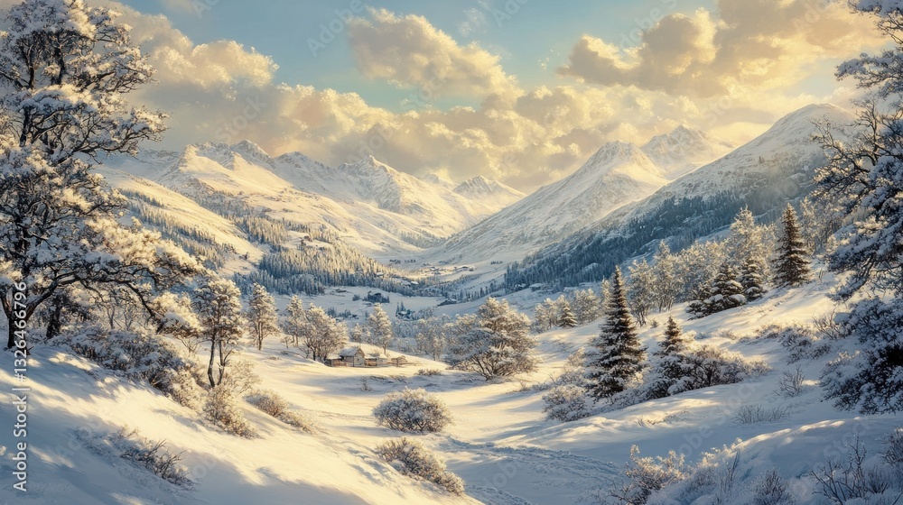 A peaceful alpine valley covered in untouched snow, warm sunlight casting soft shadows A peaceful alpine valley covered in untouched snow, warm sunlight casting soft shadows