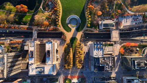 Aerial view of vibrant downtown St. Louis with Jefferson National Expansion Memorial, Missouri, United States.