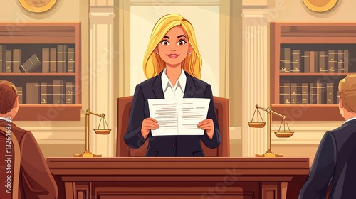 Female lawyer presenting a case in court confidently addressing the judge and jury with legal documents