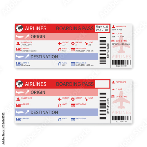 Vector airline boarding pass ticket isolated on white background.