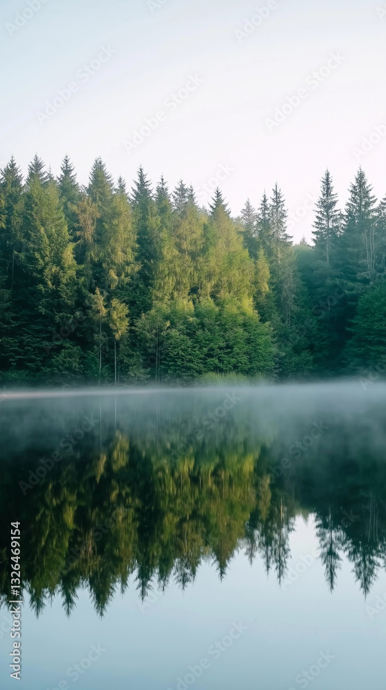 Misty lake surface reflecting dense evergreen forest under clear sky, showcasing tranquil wilderness morning scenery Misty lake surface reflecting dense evergreen forest under clear sky, showcasing tranquil wilderness morning scenery