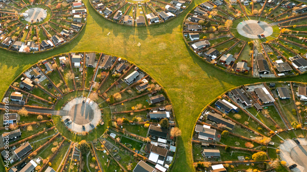 Aerial view of circular housing and gardens in a planned community with geometric patterns, Harekaer, Hovedstaden, Denmark. Aerial view of circular housing and gardens in a planned community with geometric patterns, Harekaer, Hovedstaden, Denmark.