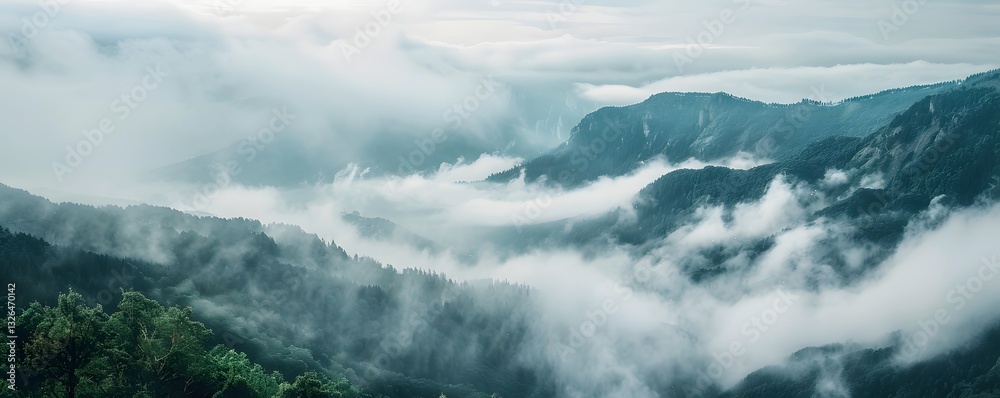 Obraz premium A mountain range covered in fog
