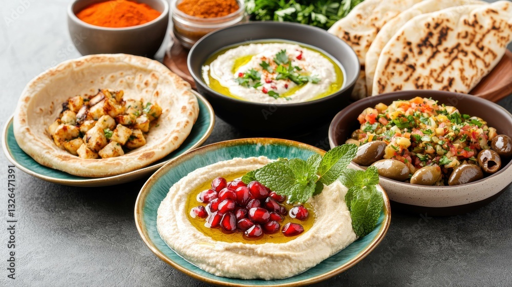 Assorted Mediterranean dishes with hummus, pita, and fresh toppings, beautifully arranged for a feast. Assorted Mediterranean dishes with hummus, pita, and fresh toppings, beautifully arranged for a feast.