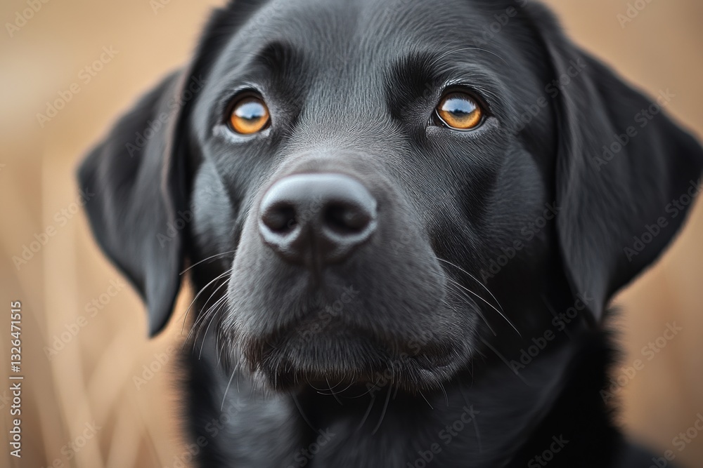 Close-up of a black Labrador retriever with expressive eyes, reflecting calmness in a natural outdoor setting during the golden hour Close-up of a black Labrador retriever with expressive eyes, reflecting calmness in a natural outdoor setting during the golden hour