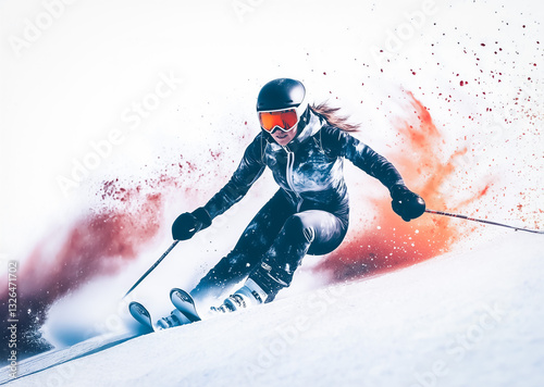 A skilled female skier in black racing gear carves through a snowy slope, red powder bursting behind her, highlighting speed, control, and precision in the winter sport.