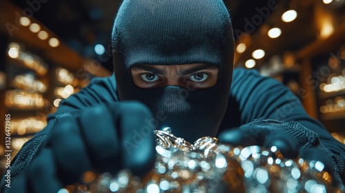 Masked thief examines pile of jewelry in dimly lit store during nighttime heist