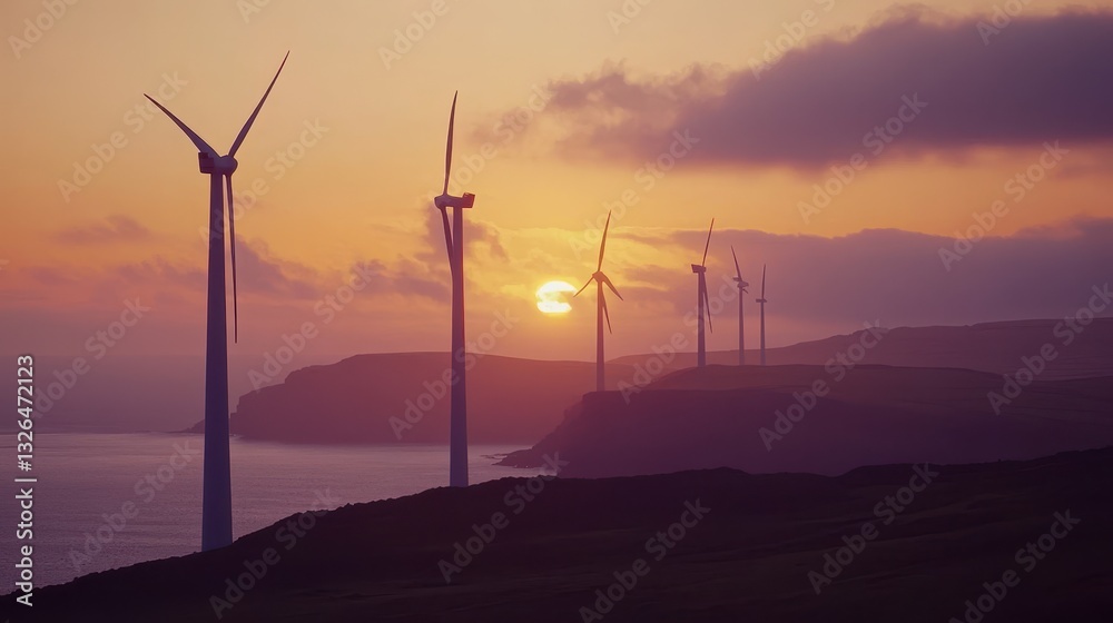 Obraz premium Majestic Sunset Over Wind Turbines by the Sea Landscape View