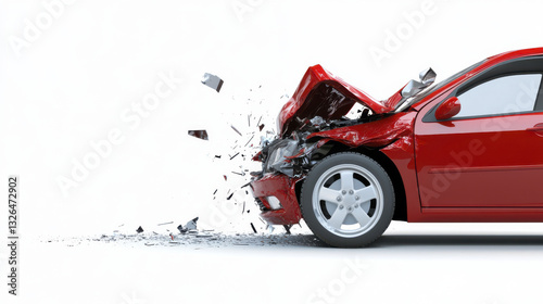Car accident illustration showing red vehicle with damaged front. scene captures impact and debris, conveying sense of urgency and danger