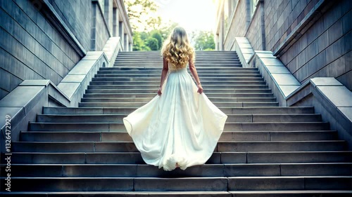 Woman ascending grand staircase in flowing white gown. Elegant blonde walks upstairs in sunlit historical building, looking serene. Concept: wedding photography, luxury events, spiritual journey