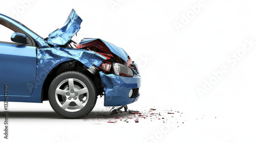 Damaged blue car with crumpled front, showcasing severe accident impact. wreckage highlights consequences of road incidents, emphasizing safety awareness