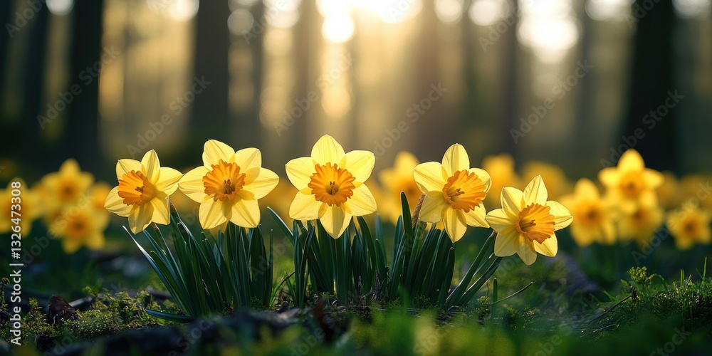 Obraz premium Bright yellow daffodils bloom in a lush forest during the golden hour of the evening, creating a beautiful and tranquil atmosphere
