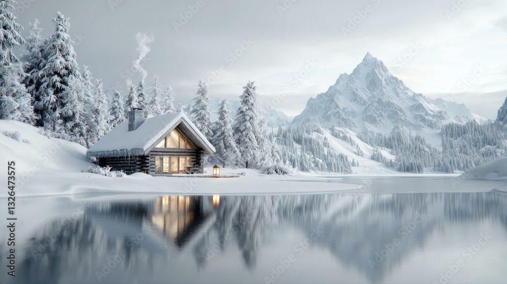 Fototapeta premium Cozy cabin by a serene snowy lake with majestic mountains under a clear winter sky.