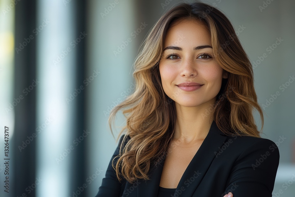 Fototapeta premium Elegant woman in business attire smiles confidently in a bright, modern office space during the day