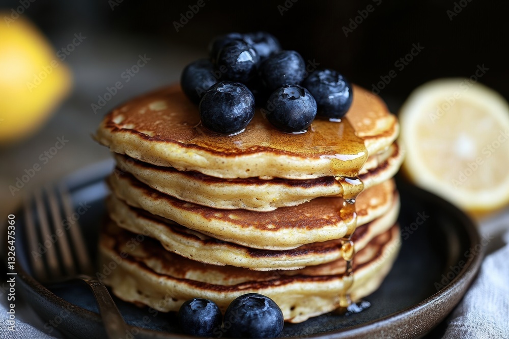 Stack of fluffy pancakes topped with fresh blueberries and drizzled with maple syrup on a rustic plate in a cozy kitchen setting Stack of fluffy pancakes topped with fresh blueberries and drizzled with maple syrup on a rustic plate in a cozy kitchen setting
