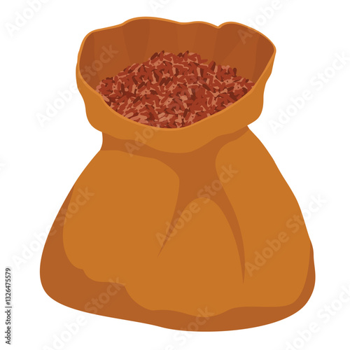 Burlap sack full of brown rice isolated on white background. Vector