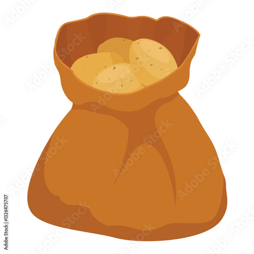 Potatoes in burlap sack isolated on white background. Bag of potatoes. Heap of ripe potatoes. Vector