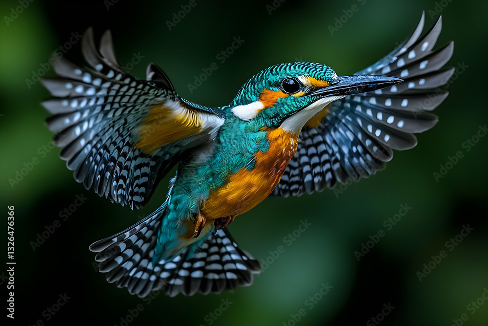 Fototapeta premium Colorful Kingfisher Bird In Flight Against Dark Background
