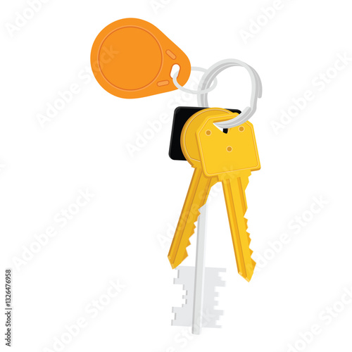 House keys with red key access control fob isolated on white background. Rental concept. Vector