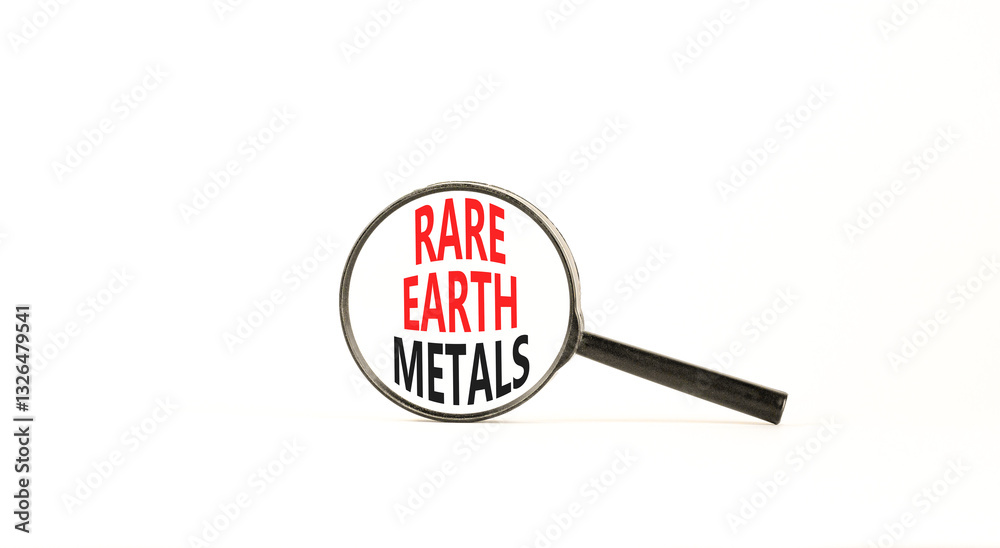 Rare earth metals symbol. Concept words Rare earth metals in beautiful magnifying glass. Beautiful white background. Business and rare earth metals concept. Copy space. Rare earth metals symbol. Concept words Rare earth metals in beautiful magnifying glass. Beautiful white background. Business and rare earth metals concept. Copy space.