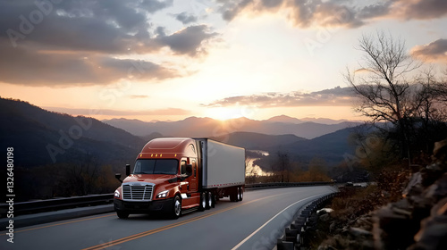 Wallpaper Mural A large red semi truck travels on a winding mountain road Torontodigital.ca