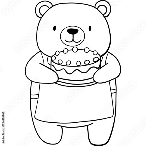 Bear birthday theme, Cute bear in an apron holding a cake, ready to celebrate with joy. Outline for coloring .